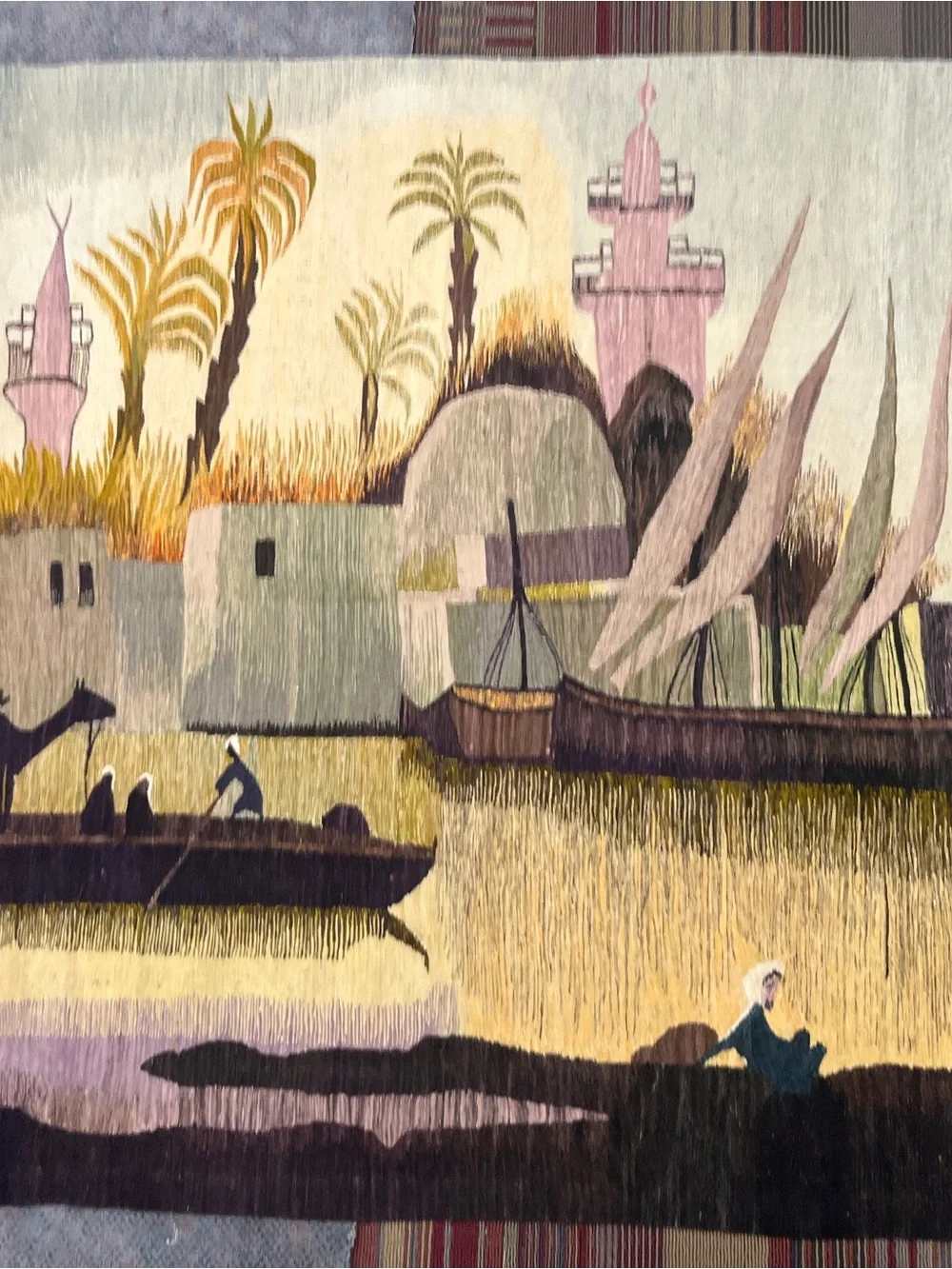 Handwoven Scenic Tapestry Wall Decor in Pastel Greens and Pinks 58x82”